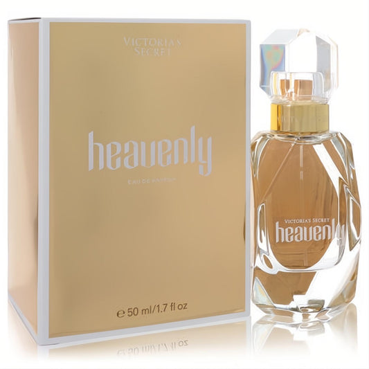 Victoria's Secret Heavenly 1.7 oz EDP. Luxurious gold box & faceted bottle with warm amber liquid, iridescent cap.