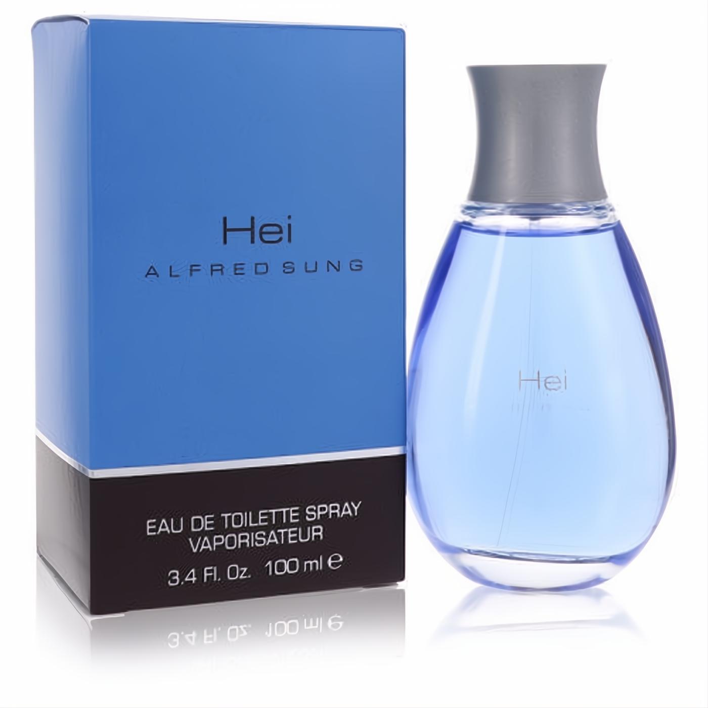 Hei by Alfred Sung 3.4 oz men's EDT. Sleek blue glass bottle with a distinctive silver cap, next to its elegant blue and black box.