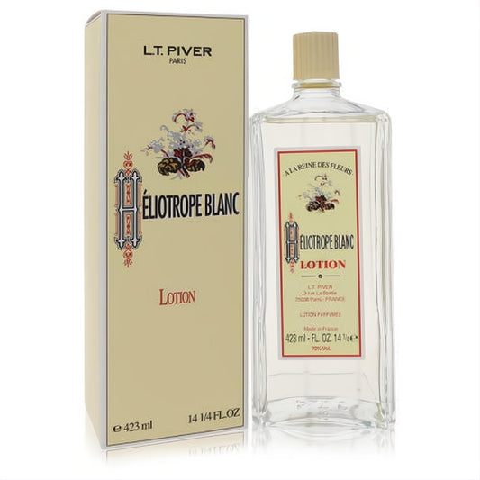 Luxurious Heliotrope Blanc by LT Piver 14.25 oz fragrance lotion. Clear glass bottle with cream label and matching box, exuding vintage elegance.