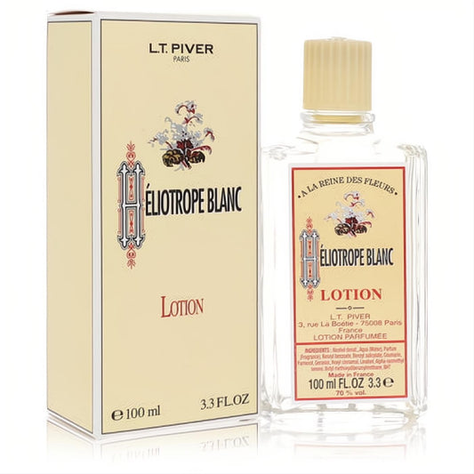 Experience LT Piver Heliotrope Blanc 3.3 oz EDT lotion. Elegant clear glass bottle with cream cap, beside its classic beige box.