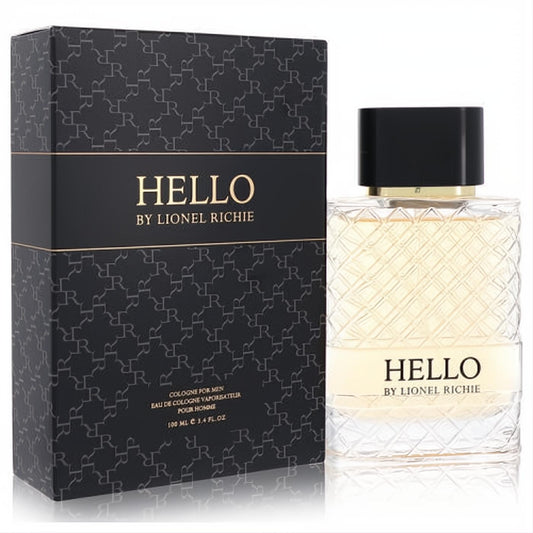 Hello By Lionel Richie 3.4 oz men's cologne in a clear, textured glass bottle with black cap, next to its sleek black and gold monogrammed box.