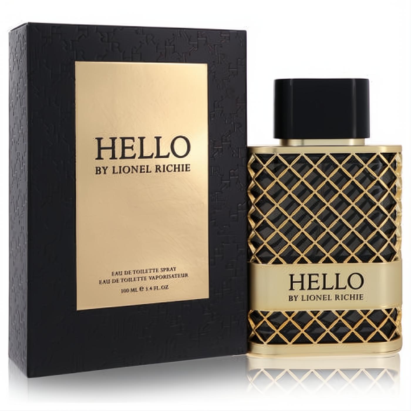 Elegant Hello By Lionel Richie 3.4 oz EDT spray. Gold bottle with unique black lattice pattern, sleek black cap, and matching box.