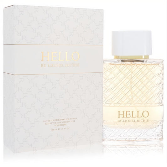 Hello By Lionel Richie 3.4 oz EDT. Luxurious clear glass bottle with quilted texture, gold band, white cap, and matching white box.