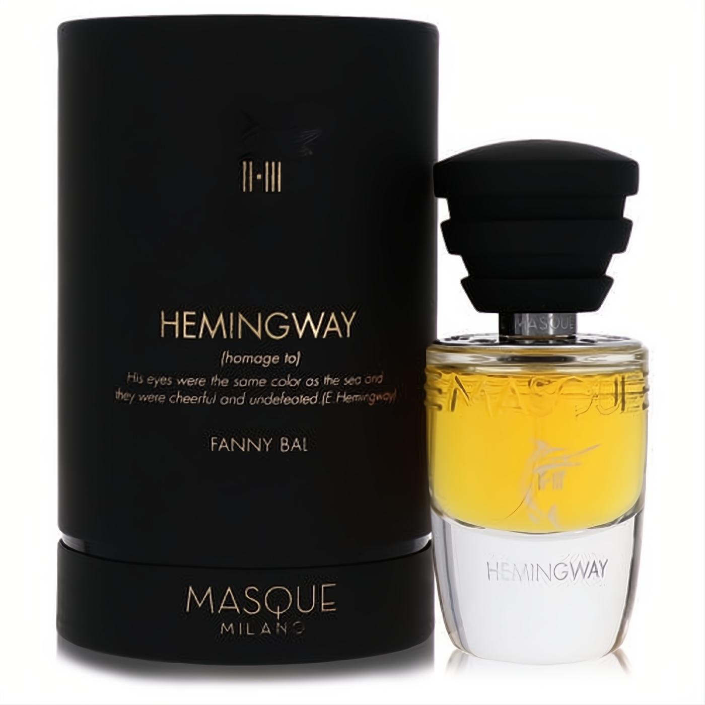 Masque Milano Hemingway unisex EDP: striking bottle with vibrant yellow liquid, black tiered cap, and elegant matte black cylindrical box.