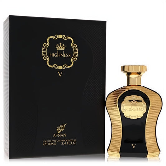 Afnan Her Highness Black 3.4 oz women's EDP. Luxurious black and gold bottle, regal crown design, with matching box.