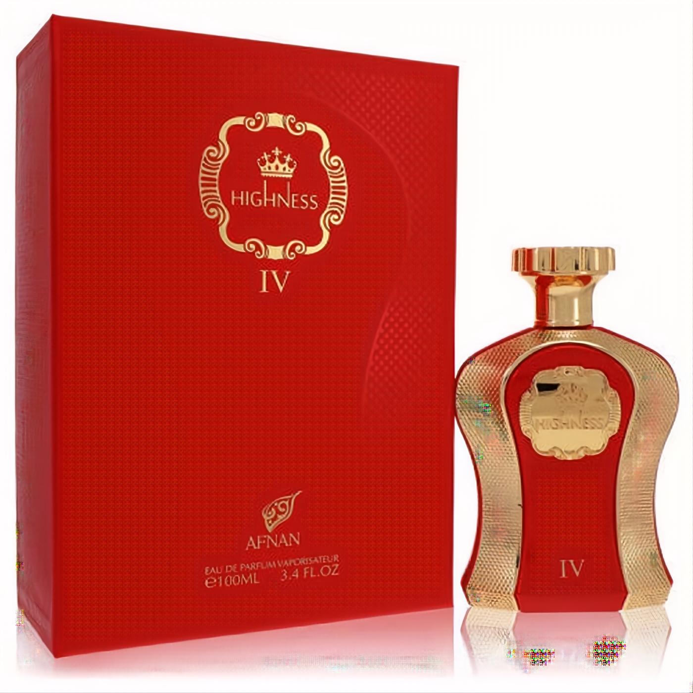Afnan Her Highness Red 3.4 oz EDP. Luxurious red and gold bottle with ornate crown design, next to its elegant matching box.