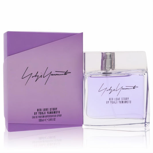 Yohji Yamamoto Her Love Story 3.4 oz EDP. Sleek glass bottle with light lavender fragrance and matching matte purple box.