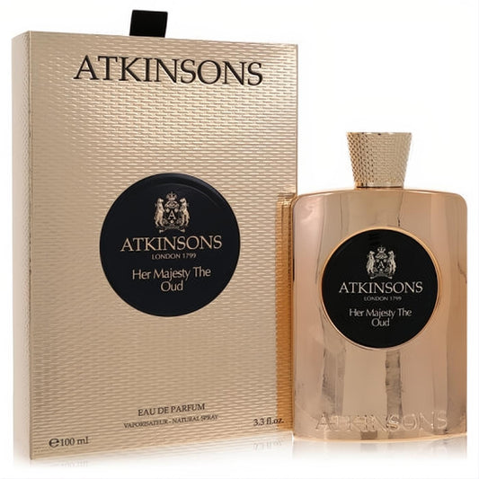 Luxurious Atkinsons Her Majesty The Oud 3.3 oz EDP in a sleek metallic gold bottle with a matching textured box.