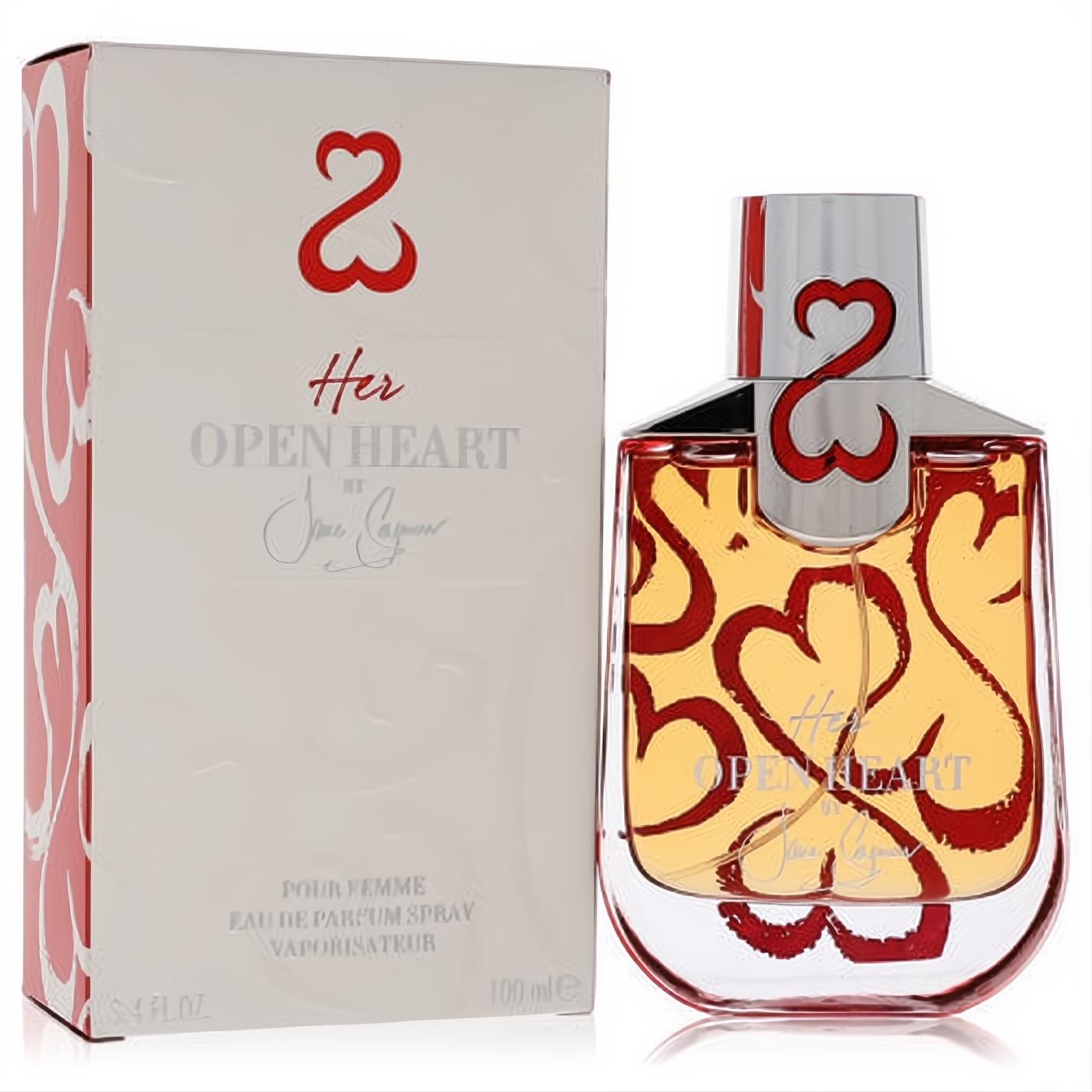 Her Open Heart by Jane Seymour 3.4oz EDP. Elegant amber fragrance in a clear glass bottle with red hearts, silver cap, and matching silver box.