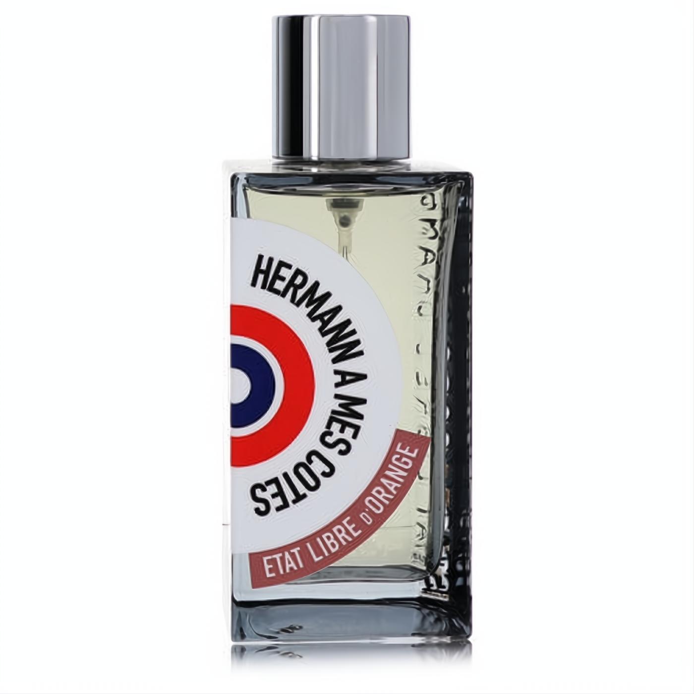 Elegant Etat Libre D'Orange Hermann A Mes Cotes perfume spray. Clear glass bottle with sleek silver cap and unique target logo label.