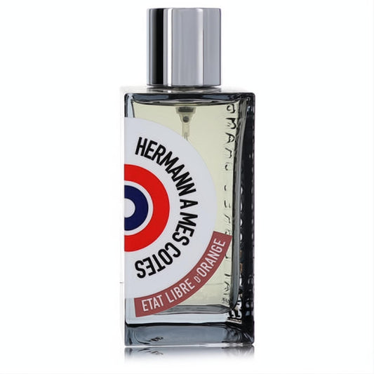 Elegant Etat Libre D'Orange Hermann A Mes Cotes perfume spray. Clear glass bottle with sleek silver cap and unique target logo label.