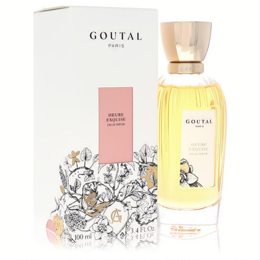 Luxurious Annick Goutal Heure Exquise 3.4 oz Eau De Parfum. Ribbed glass bottle with gold cap and exquisite floral white box.