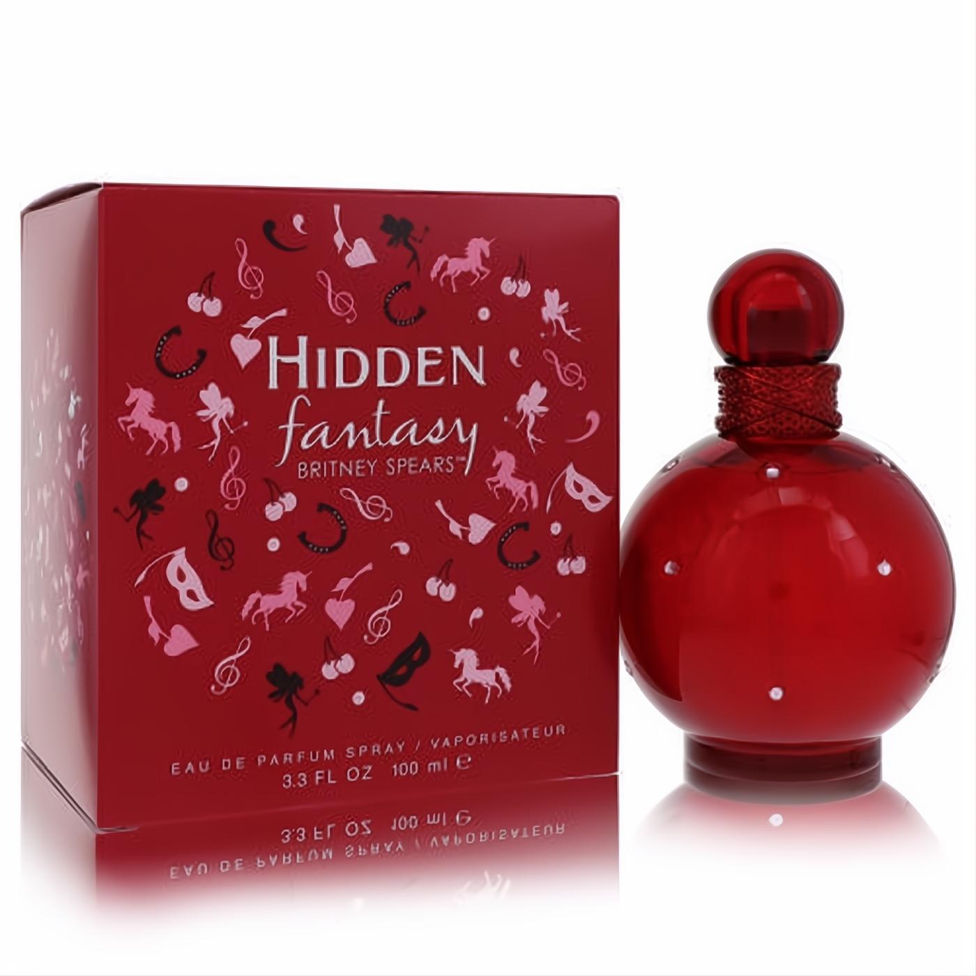 Hidden Fantasy Britney Spears 3.3 oz EDP. Dazzling red spherical bottle with studs, elegant cap, and matching box with playful illustrations.