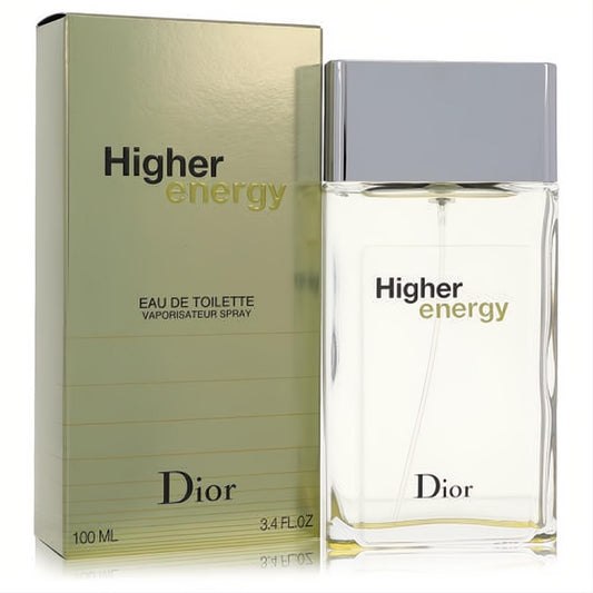 Christian Dior Higher Energy 3.4 oz Eau De Toilette. Sleek clear glass bottle with silver cap next to its vibrant green-gold box.