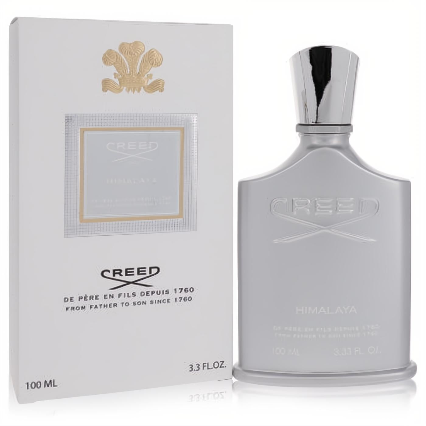 Iconic Creed Himalaya 3.3 oz unisex Eau De Parfum in a sleek silver bottle and elegant white box.