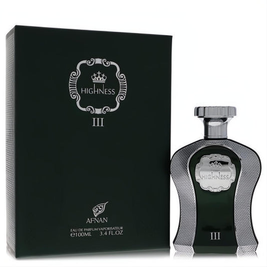Afnan His Highness Green 3.4 oz unisex EDP. Regal dark green bottle with ornate silver crown, textured trim, and matching black box.