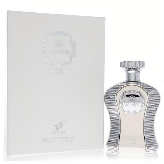 Afnan His Highness White VII 3.4 oz men's cologne. Regal silver textured bottle with crown logo, paired with elegant white box.
