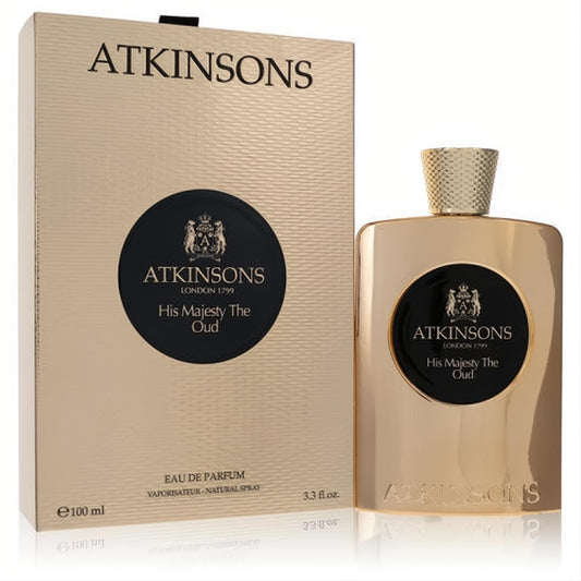 Regal Atkinsons His Majesty The Oud 3.3 oz gold Eau De Parfum bottle with black label and textured box.