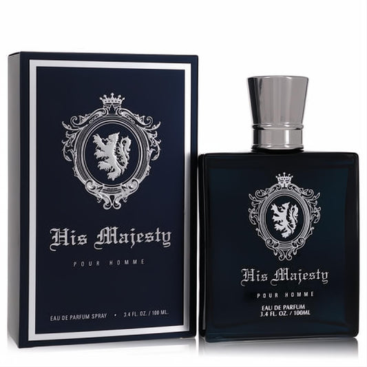 His Majesty 3.4 oz men's cologne. Elegant dark blue bottle & box with regal silver lion crest.