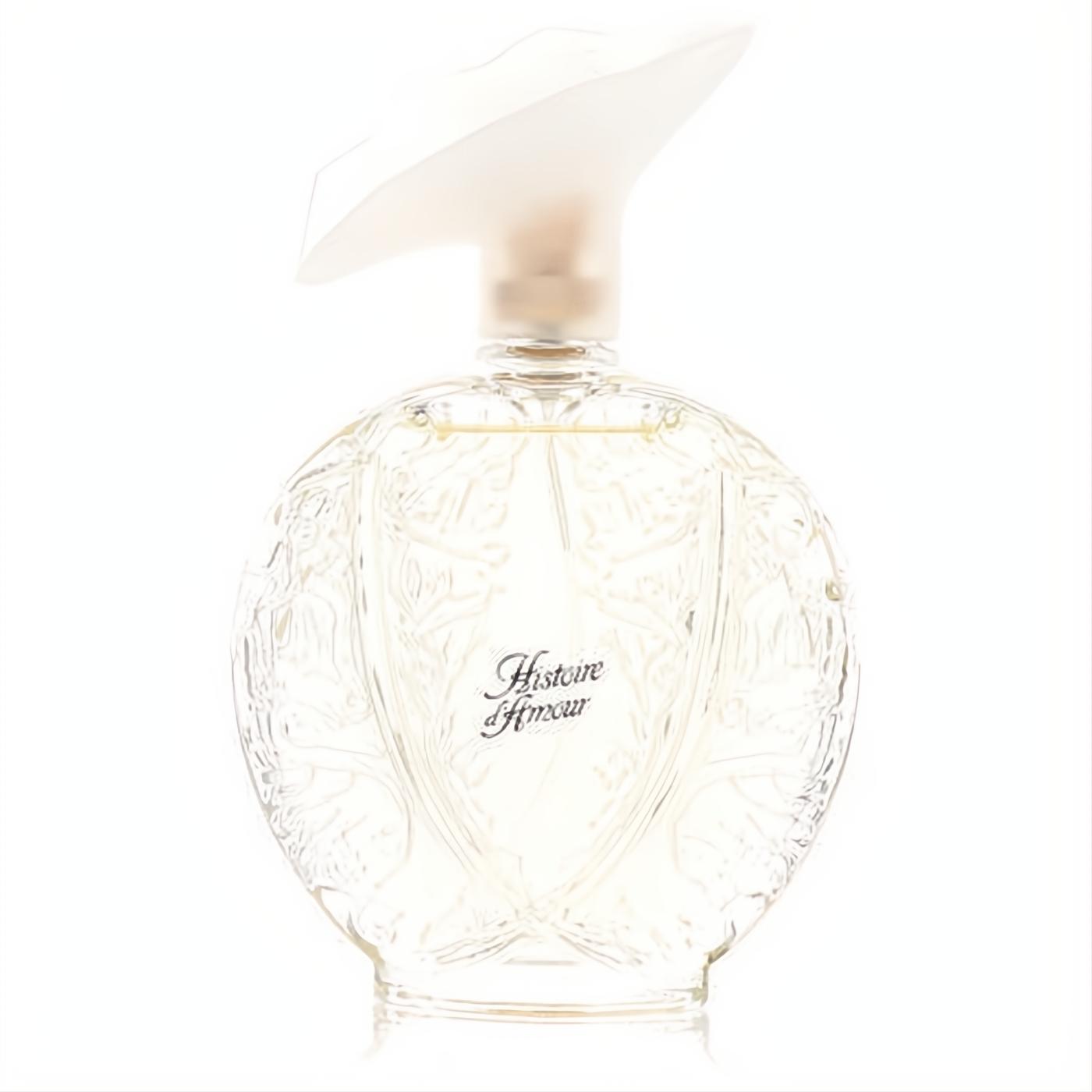 Luxurious Histoire D'Amour 3.4 oz women's fragrance. Clear glass bottle with ornate floral etching and a sculpted frosted cap.