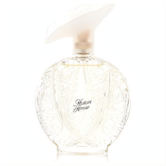 Luxurious Histoire D'Amour 3.4 oz women's fragrance. Clear glass bottle with ornate floral etching and a sculpted frosted cap.