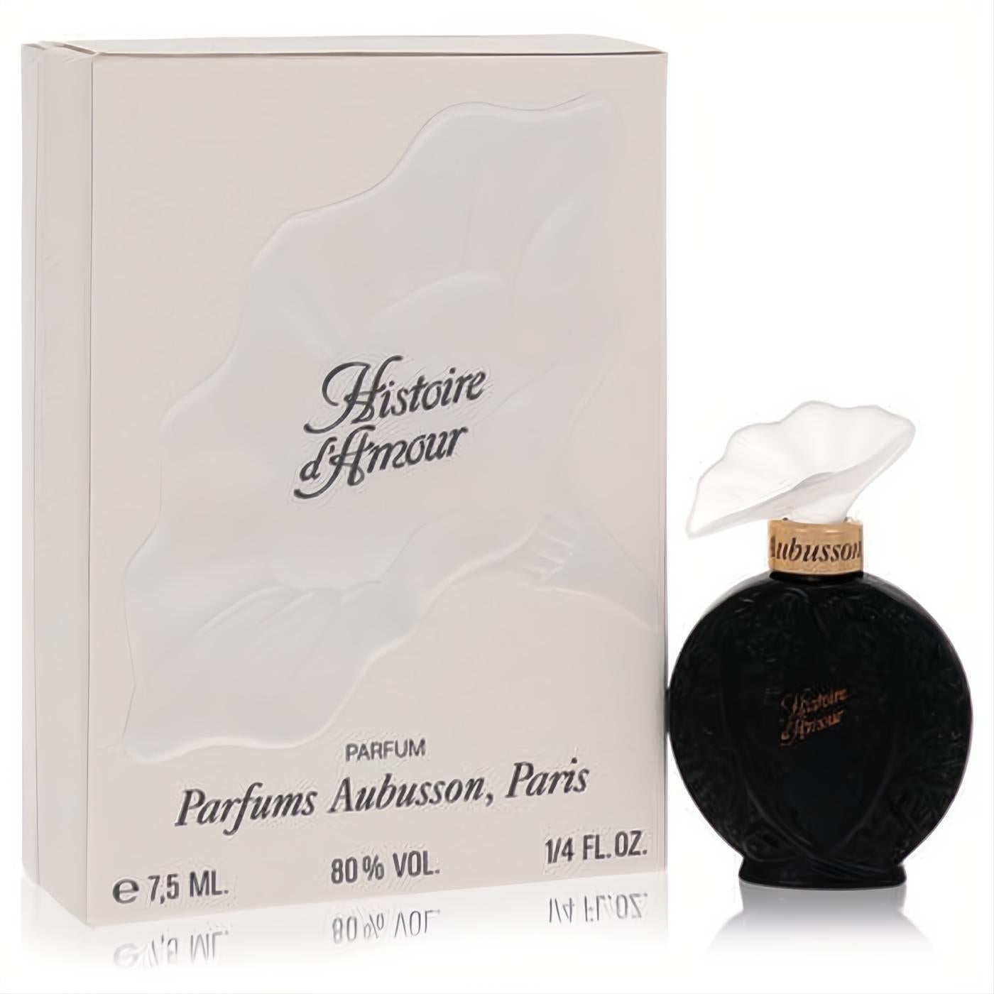 Histoire D'Amour Aubusson .25 oz pure parfum. Dark, ornate floral bottle with a unique white flower cap, displayed with its elegant white box.