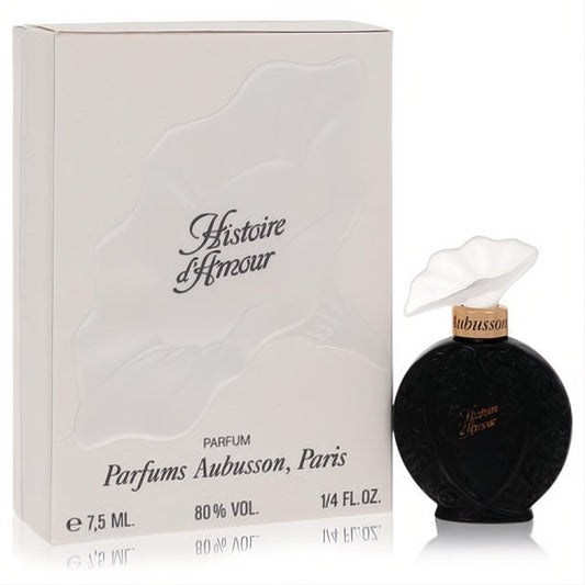 Histoire D'Amour Aubusson .25 oz pure parfum. Dark, ornate floral bottle with a unique white flower cap, displayed with its elegant white box.