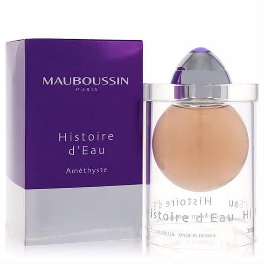 Mauboussin Histoire d'Eau Améthyste 2.5 oz EDT. Luxurious purple box and elegant round bottle with warm amber fragrance.