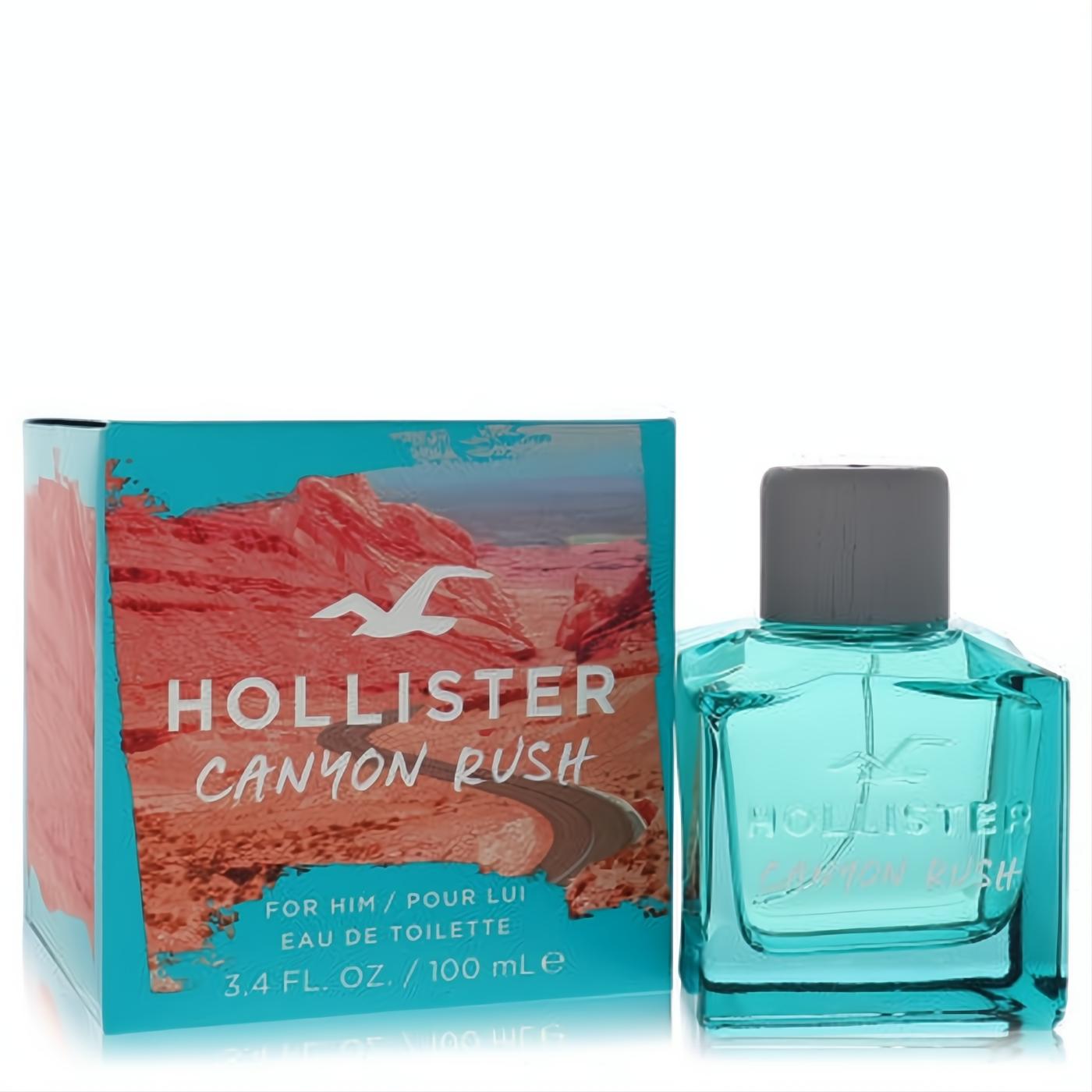 Vibrant teal glass Hollister Canyon Rush 3.4 oz EDT spray bottle with grey cap, next to its rugged canyon-themed box.