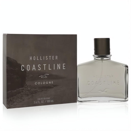 Hollister Coastline men's 3.4 oz cologne. Clear glass bottle with dark cap, next to its matching dark, scenic box.
