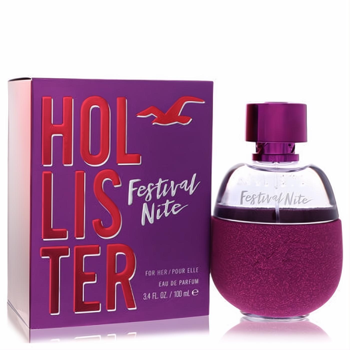 Experience Hollister Festival Nite 3.4 oz Eau De Parfum. A captivating fragrance in a textured magenta bottle with a matching vibrant purple box.