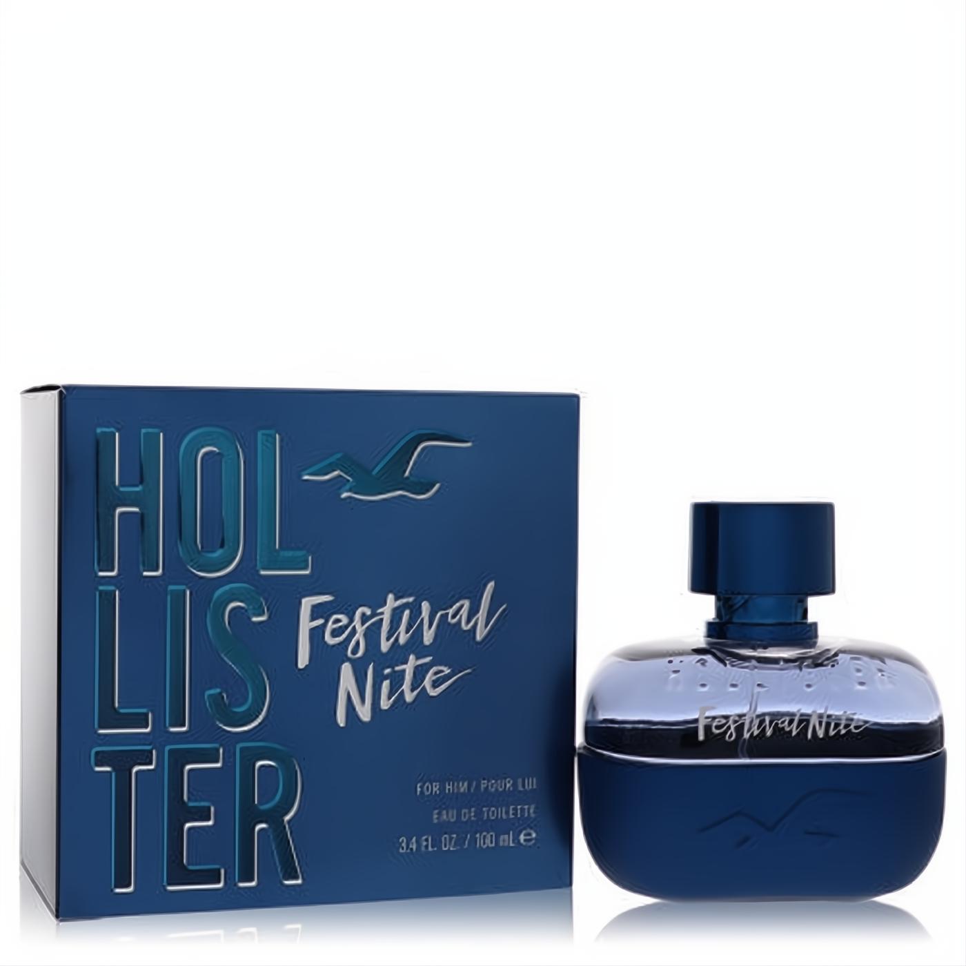 Sophisticated Hollister Festival Nite men's cologne, 3.4 oz, in a sleek deep blue bottle with gradient and matching box.