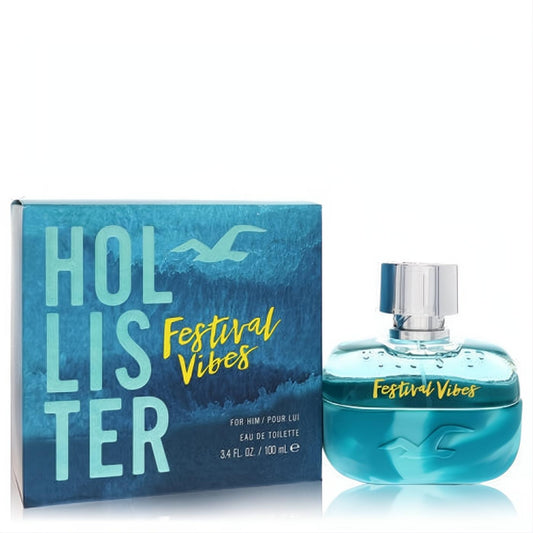 Hollister Festival Vibes 3.4 oz EDT spray. Stylish blue/teal glass bottle with silver cap and vibrant wave design.