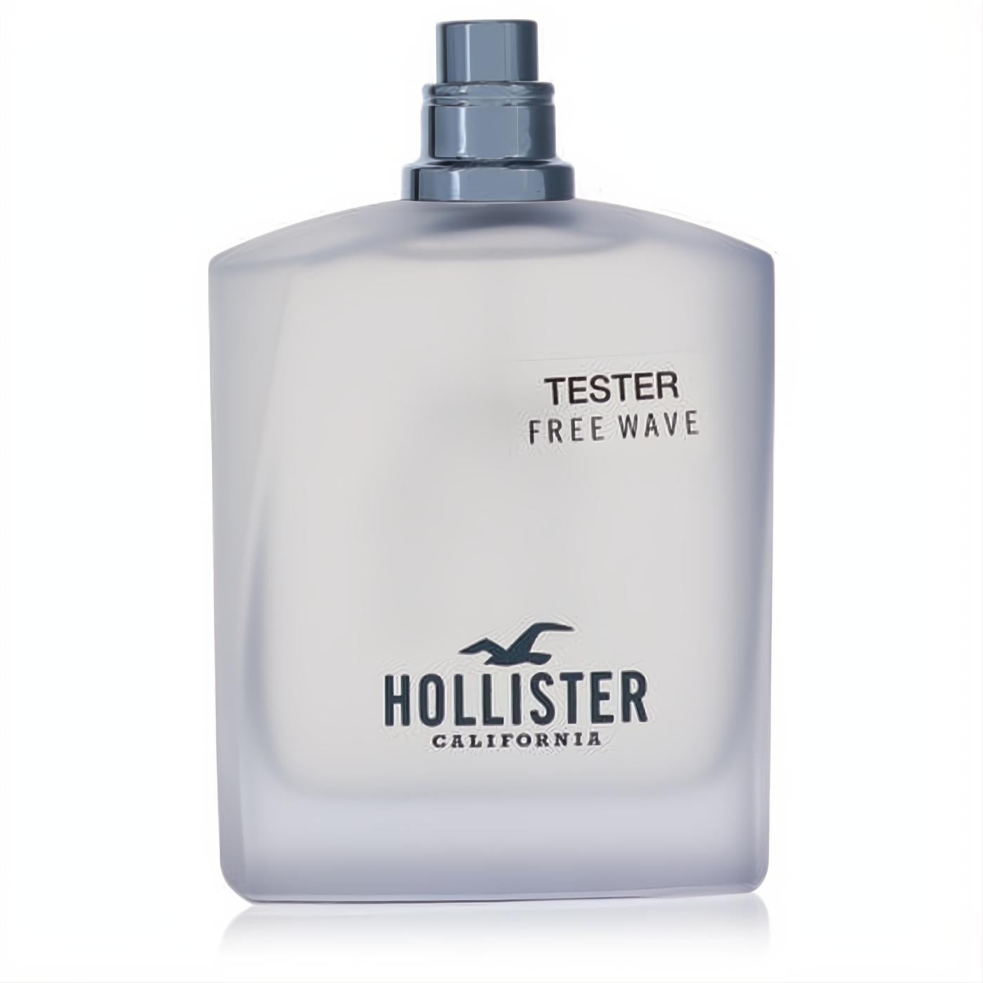 Discover Hollister Free Wave men's EDT tester. 3.4 oz frosted glass bottle with sleek blue cap and iconic seagull logo.