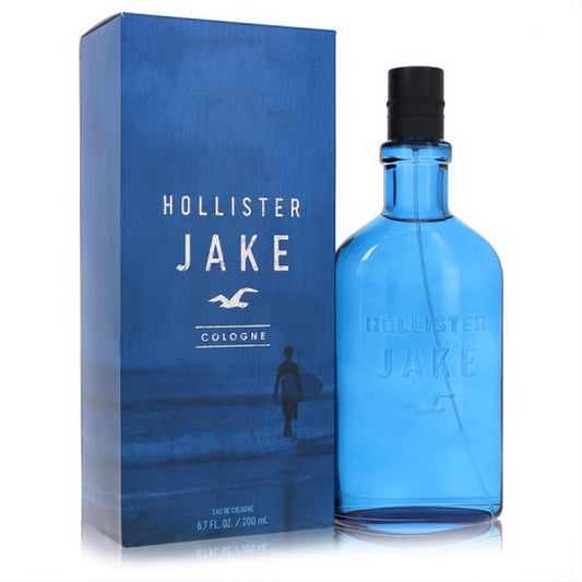 Vibrant blue Hollister Jake men's cologne, 6.7 oz. Sleek glass spray bottle and matching box with a cool surfer design.