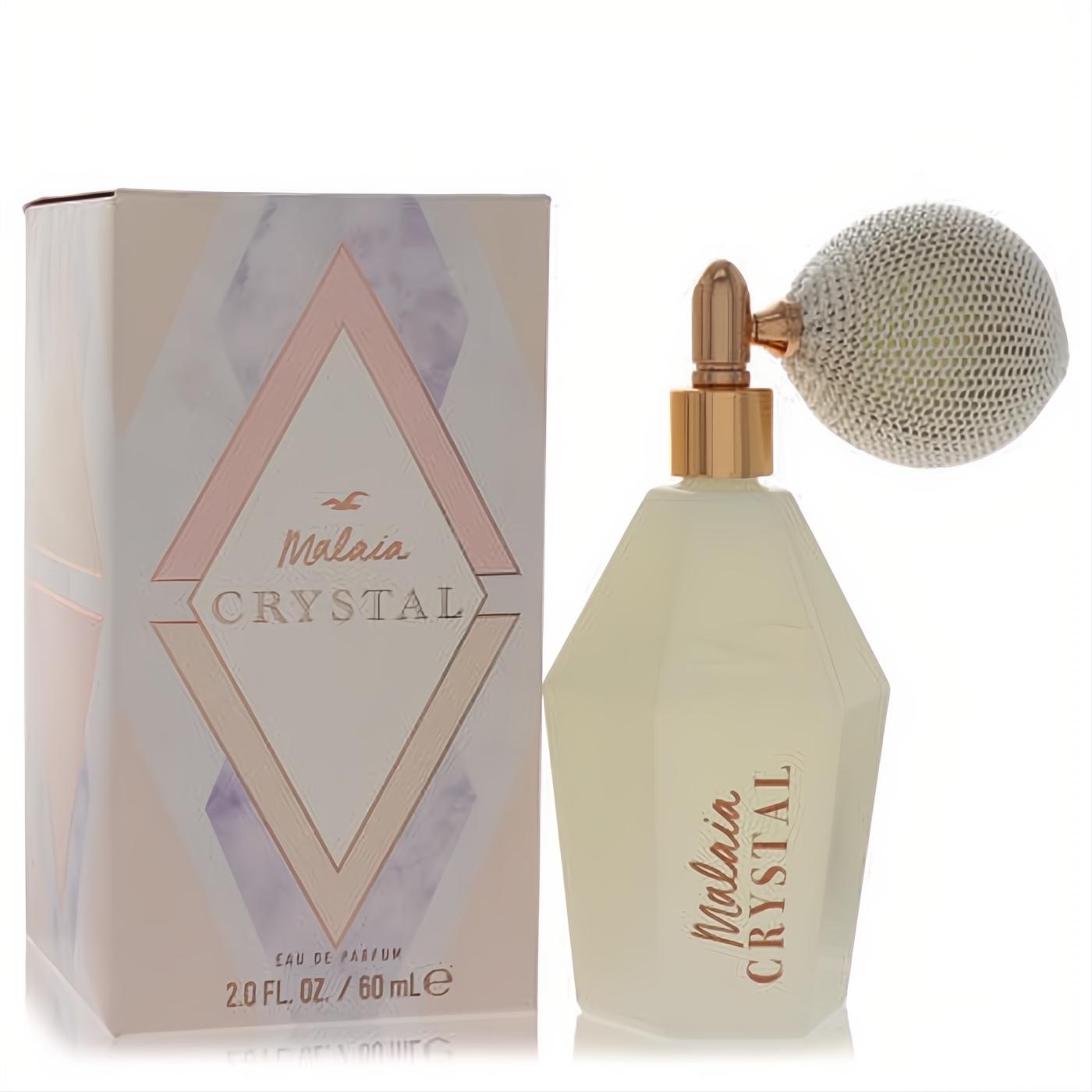 Elegant Hollister Malaia Crystal 2 oz EDP in geometric milk glass bottle with gold pump and white woven atomizer.