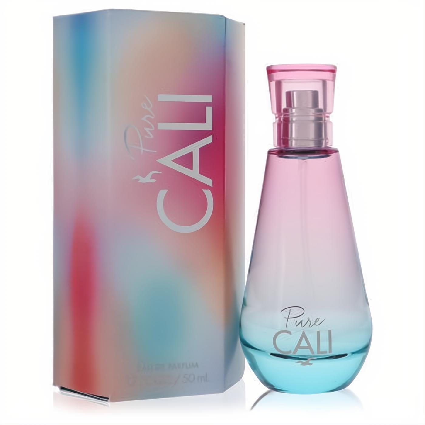 Hollister Pure Cali 1.7 oz women's perfume. Vibrant blue-pink ombre bottle and matching box for a fresh, modern look.