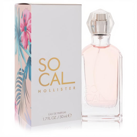 Discover Hollister SoCal Eau De Parfum, 1.7 oz. Elegant clear bottle with light pink liquid, faceted cap, and a stunning tropical floral box.