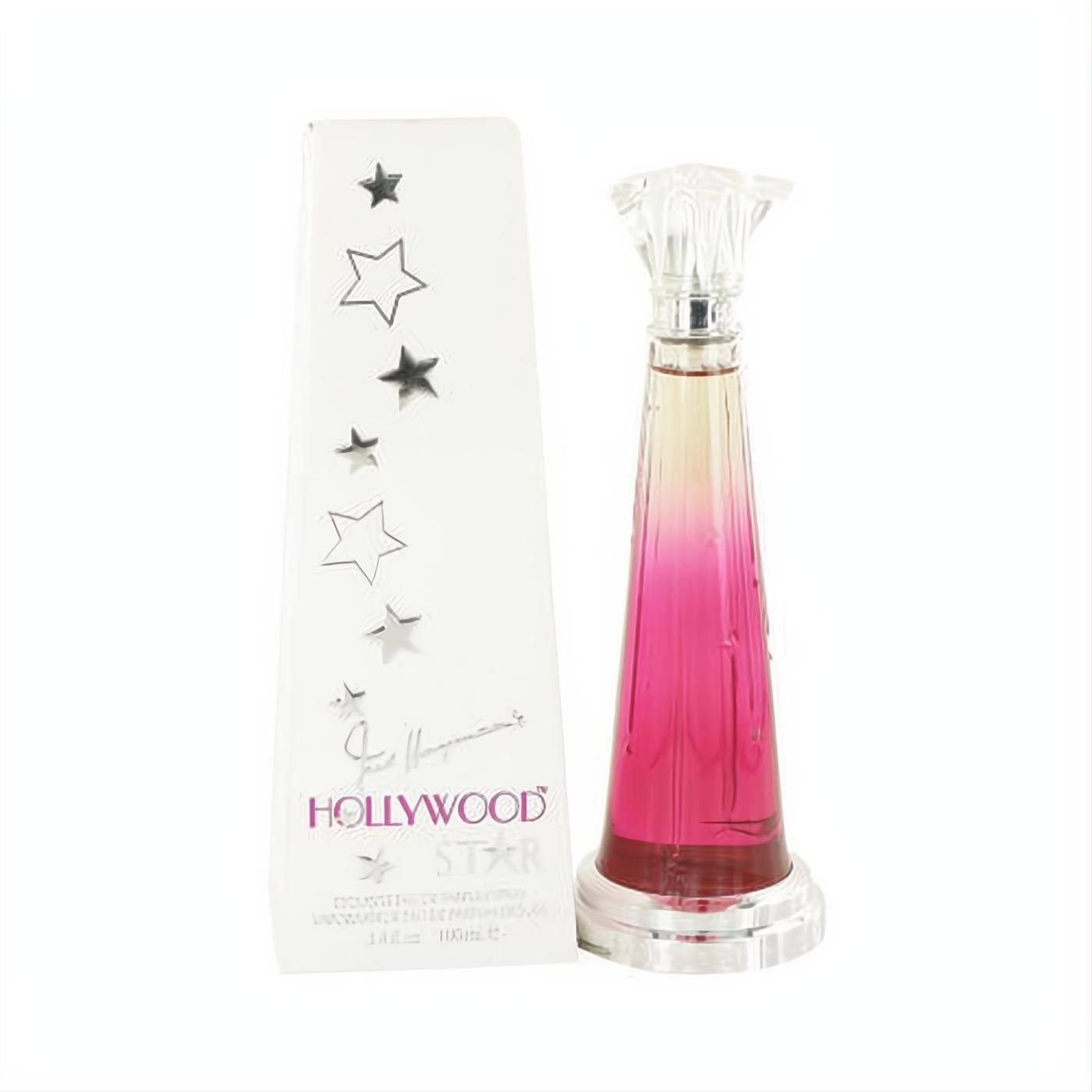 Fred Hayman Hollywood Star 3.4 oz EDP. Glamorous pink ombré bottle with silver base and clear cap, paired with its elegant white star box.