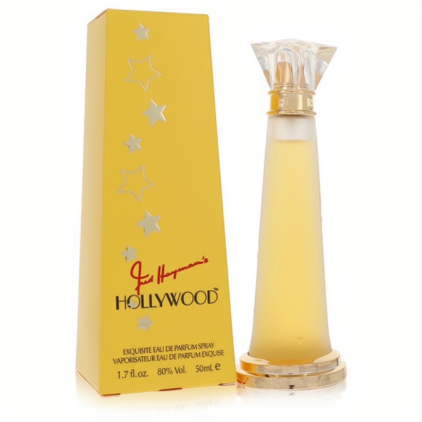 Iconic Fred Hayman's Hollywood 1.7 oz EDP. Vibrant yellow box with silver stars, elegant frosted glass bottle, and gold accents.