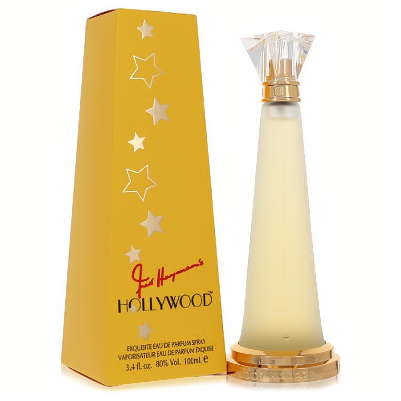 Glamorous Hollywood by Fred Hayman 3.4 oz EDP. Frosted conical bottle with sparkling crystal cap and gold base, next to a vibrant yellow star box.