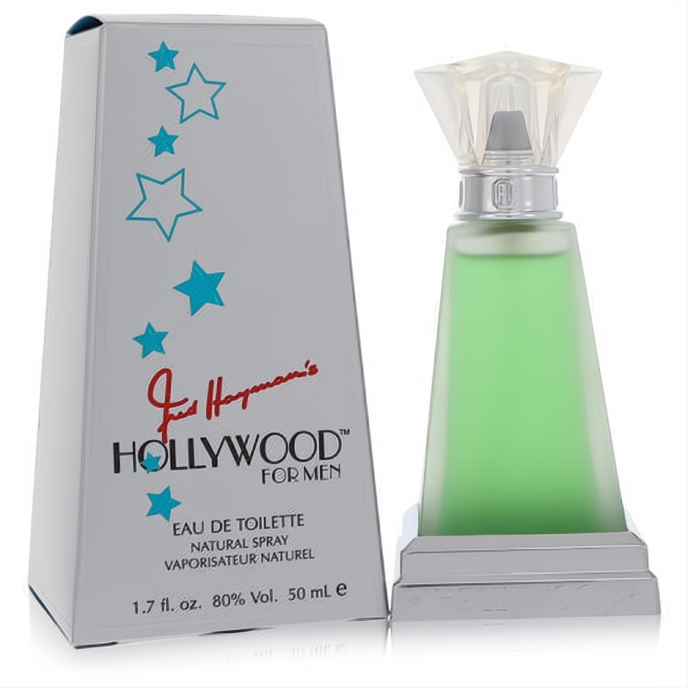 Fred Hayman's Hollywood for Men 1.7 oz EDT. Frosted green bottle, silver base, clear faceted cap, and star-adorned box.