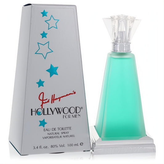 Hollywood for Men 3.4 oz EDT. Sleek frosted aqua bottle with clear faceted cap and elegant silver base, beside its star-studded box.