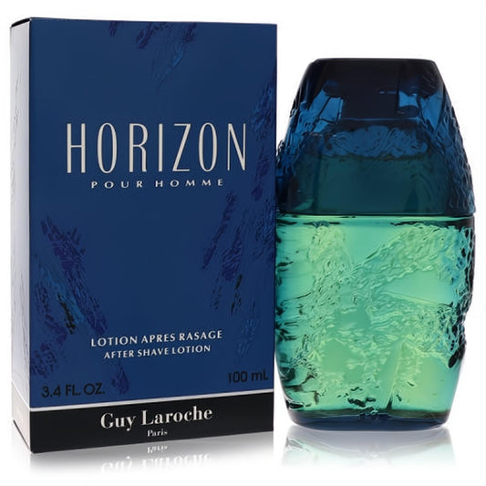 Horizon by Guy Laroche 3.4 oz After Shave Lotion. Distinctive textured aqua glass bottle with a dark blue cap, next to its elegant navy box.