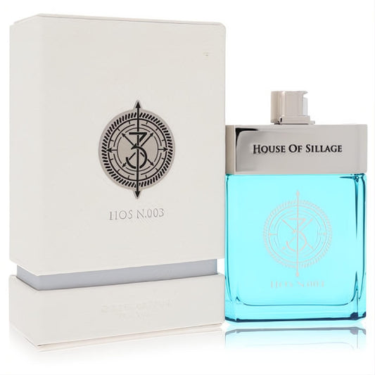Experience Hos N.003 by House of Sillage. 2.5 oz blue glass men's cologne, silver cap, and elegant white box.