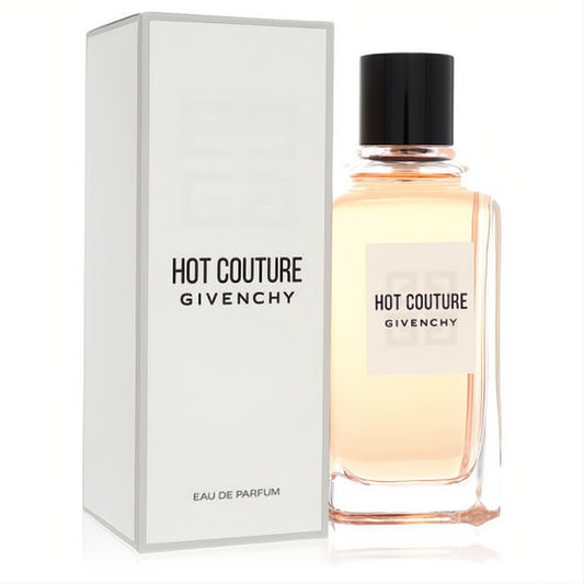 Sophisticated Hot Couture Givenchy Eau De Parfum 3.3 oz for women. Clear glass bottle, amber liquid, and white box.