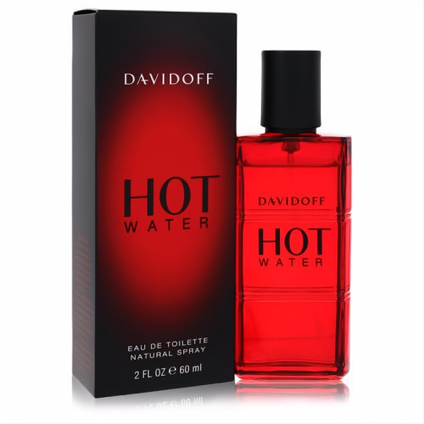 Davidoff Hot Water men's Eau De Toilette. Fiery red 2 oz glass bottle with black cap, beside its striking black and red box.