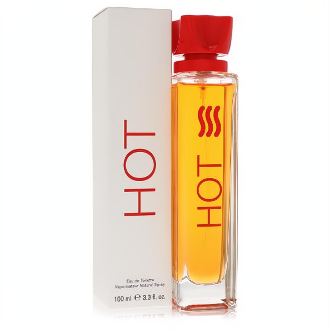 Benetton Hot Unisex EDT spray, 3.4 oz. Clear glass bottle with amber liquid, bold red 'HOT' text, and a vibrant red cap. White box.