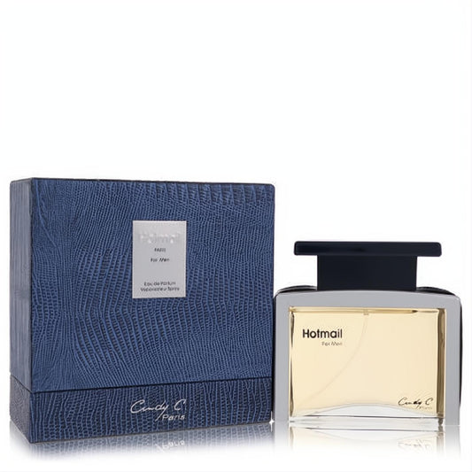 Hotmail by Cindy Crawford men's fragrance. Dark blue crocodile-embossed box and elegant silver-framed glass bottle with black cap.
