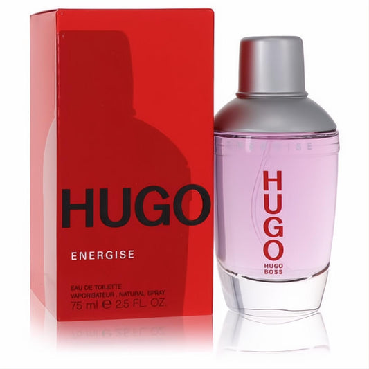 Hugo Energise 2.5 oz EDT for men. Sleek glass bottle with pink fragrance, silver cap, and iconic red box.
